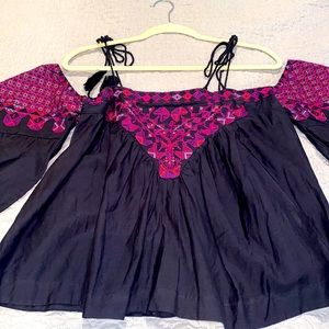 Free People Long Sleeve Off the Shoulder Embroidery Top